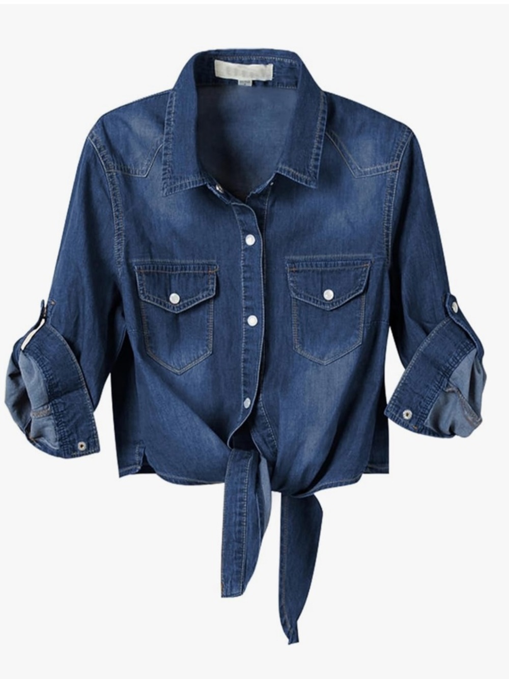 Women's 3/4 Sleeve Modern Denim Crop Top Tie Knot Shirt Cardigan - Size Medium - Picture 7 of 8